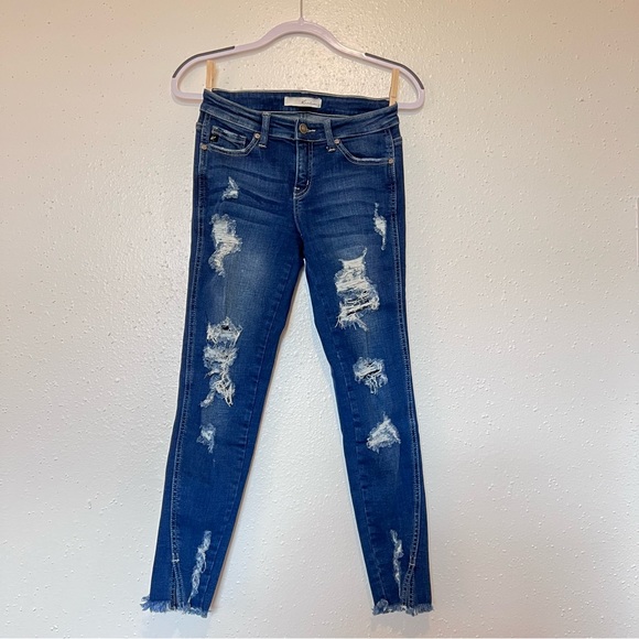 KanCan Jeans, Size 3 / 25 waist, distressed medium wash, ankle twist detail - Picture 1 of 8